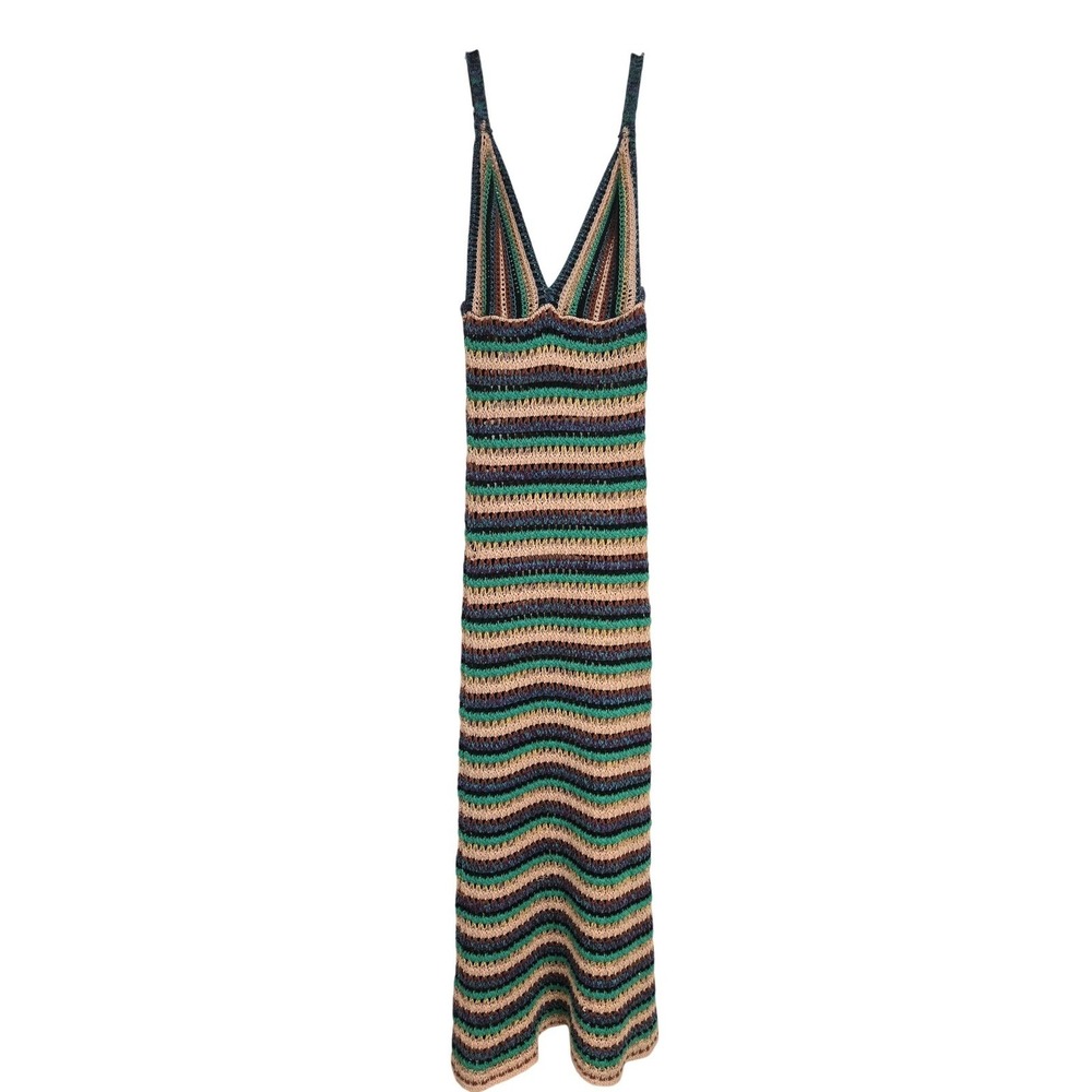 Zara Multi Color Striped Crochet Knit V-Neck Maxi Dress Boho Summer Beach Size S - Picture 6 of 10